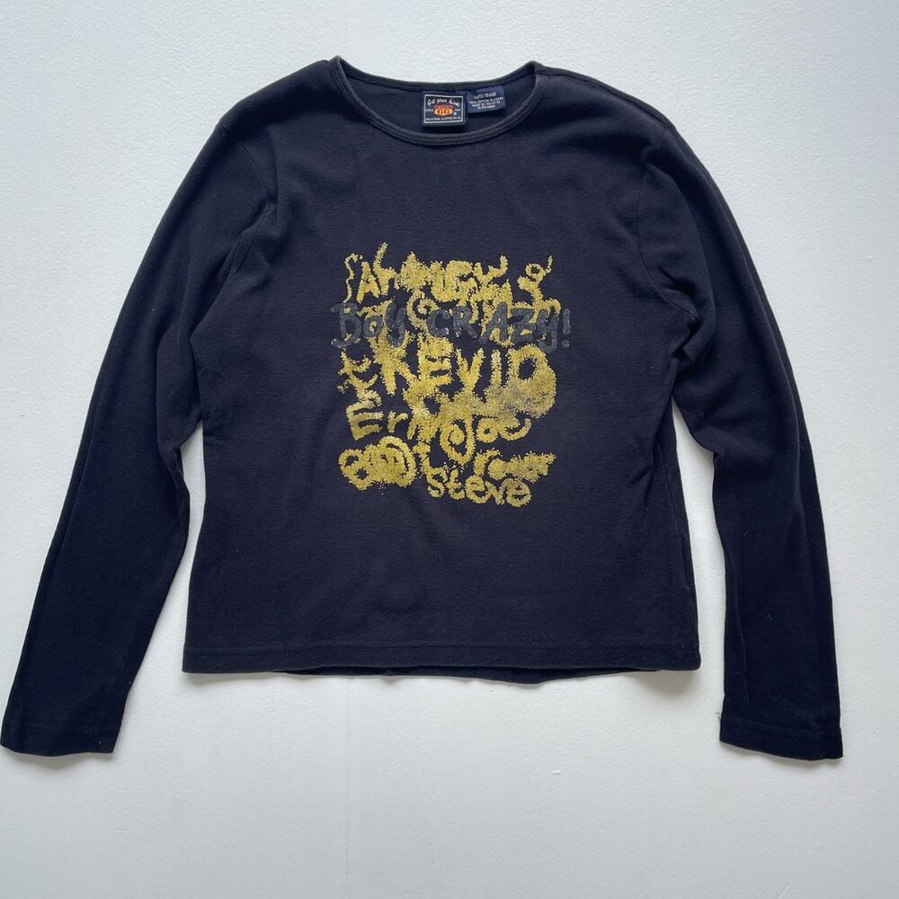 Vtg 90s Boy Crazy Black Cotton Long Sleeve Shirt / Sz L / ROUTE 66 Grunge Casual